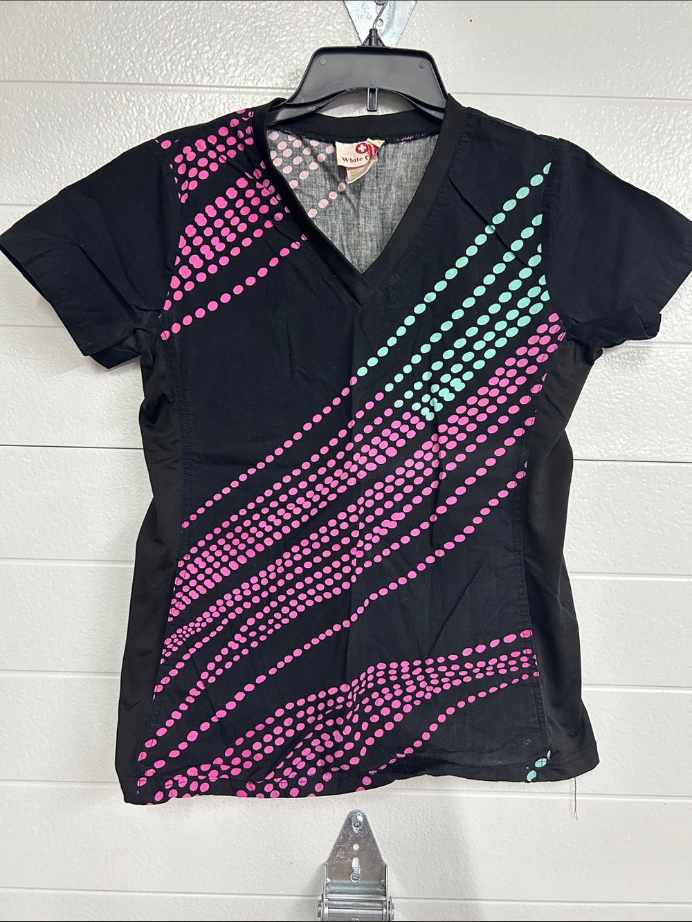 White Cross Black V-Neck Scrub Top with Pink & Teal Dot Stripes